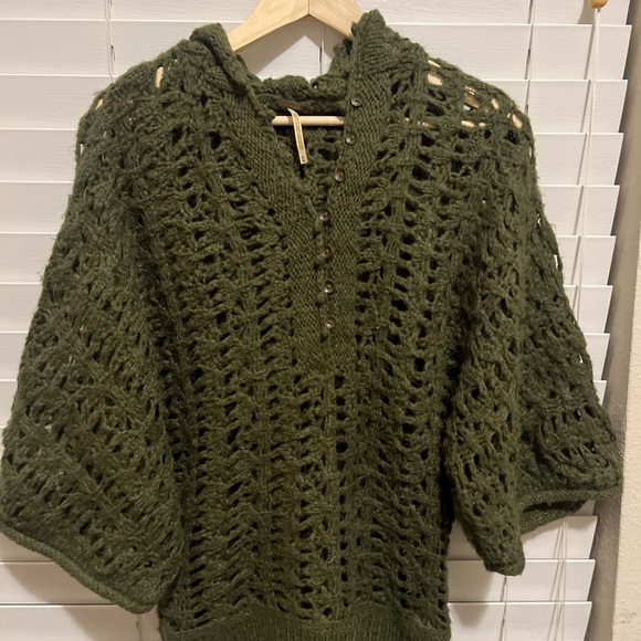Free People Boho Cottagecore Crochet Olive Hooded Sweater | Dolman Earthy Knit - Picture 8 of 15